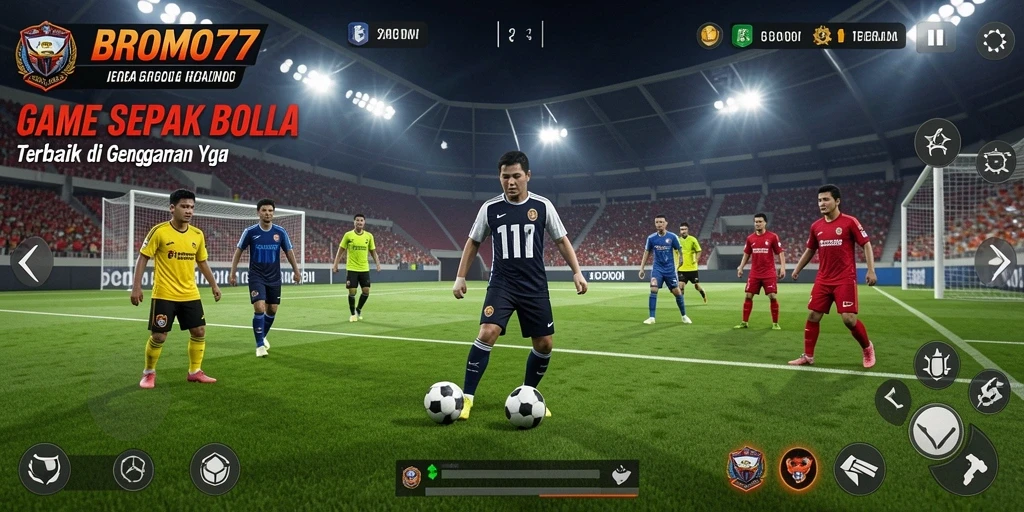 Tampilan gameplay BROMO77 yang mendebarkan saat pertandingan sepak bola.