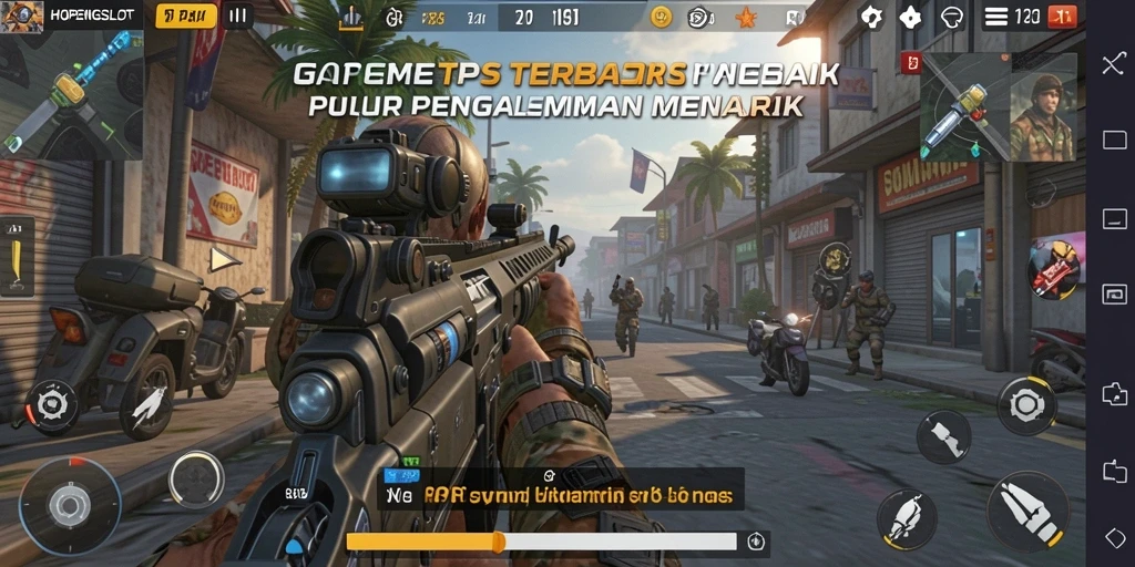 Screenshot utama HOPENGSLOT menampilkan aksi tembak-menembak yang intens.