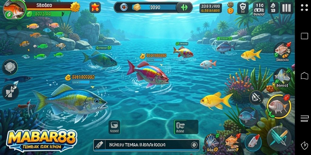 Gameplay seru MABAR88 dengan berbagai ikan berwarna-warni.