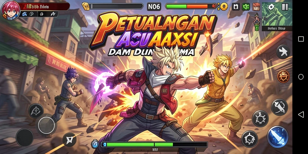 Tangkapan layar gameplay N06 menampilkan aksi seru dan karakter anime.