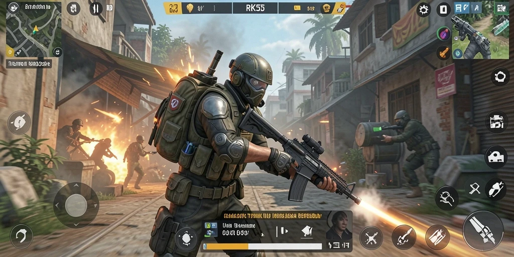 Screenshot gameplay RK55 menampilkan pertempuran seru di arena TPS.