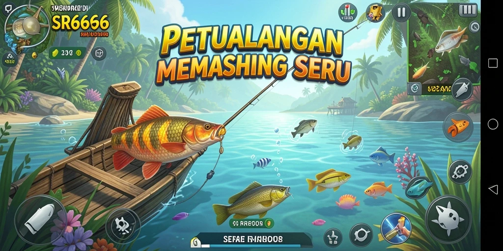 Screenshot gameplay SR6666 menampilkan momen seru saat menangkap ikan.